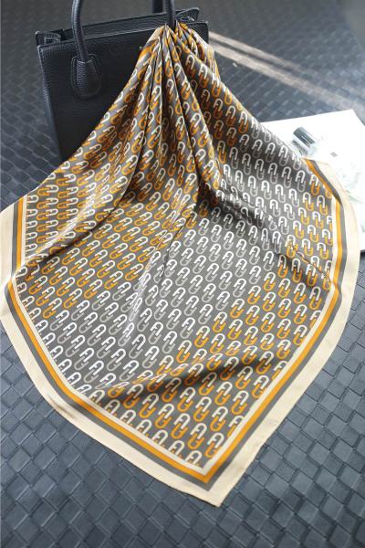 Foulard Shawl Silk Satin Geometric Gold Yellow Beige